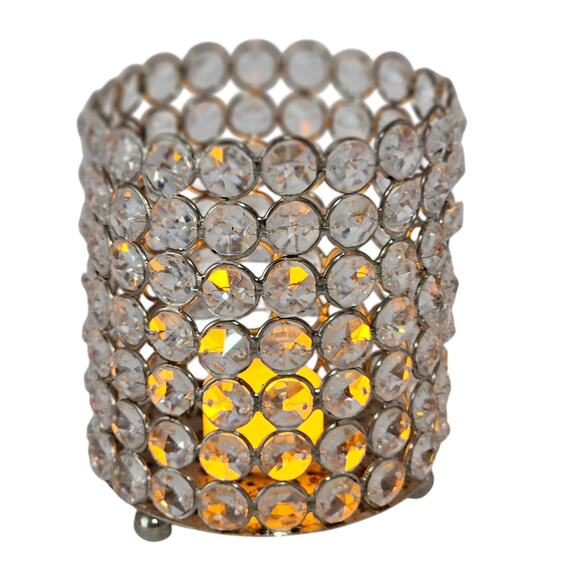 Glamorous Crystal Pillar Votive Holder, Hollywood Silver Decor, 5.25 x 4.5 - Picture 1 of 6